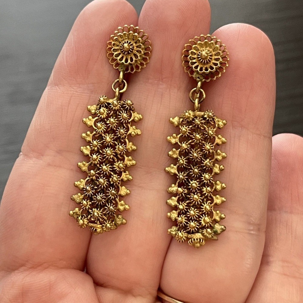 Antique Victorian 14k Gold Cannetille Etruscan Screw Back Dangle Earrings
